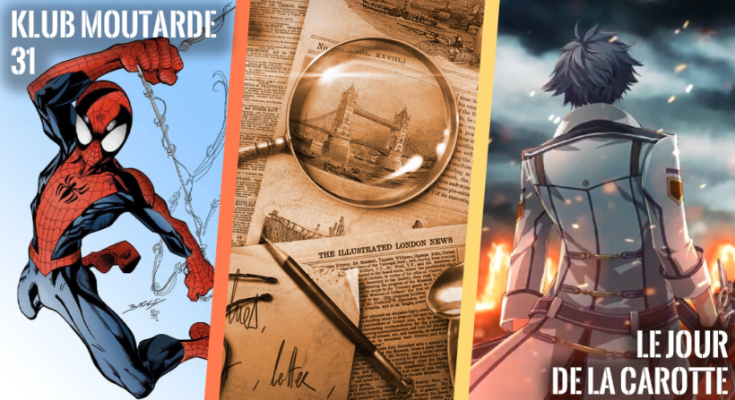 Une banière avec à gauche, spider-man, au centre, le dessin d'une loupe posée sur un journal et à droite, un personnage de dos faisant face à une explosion.
